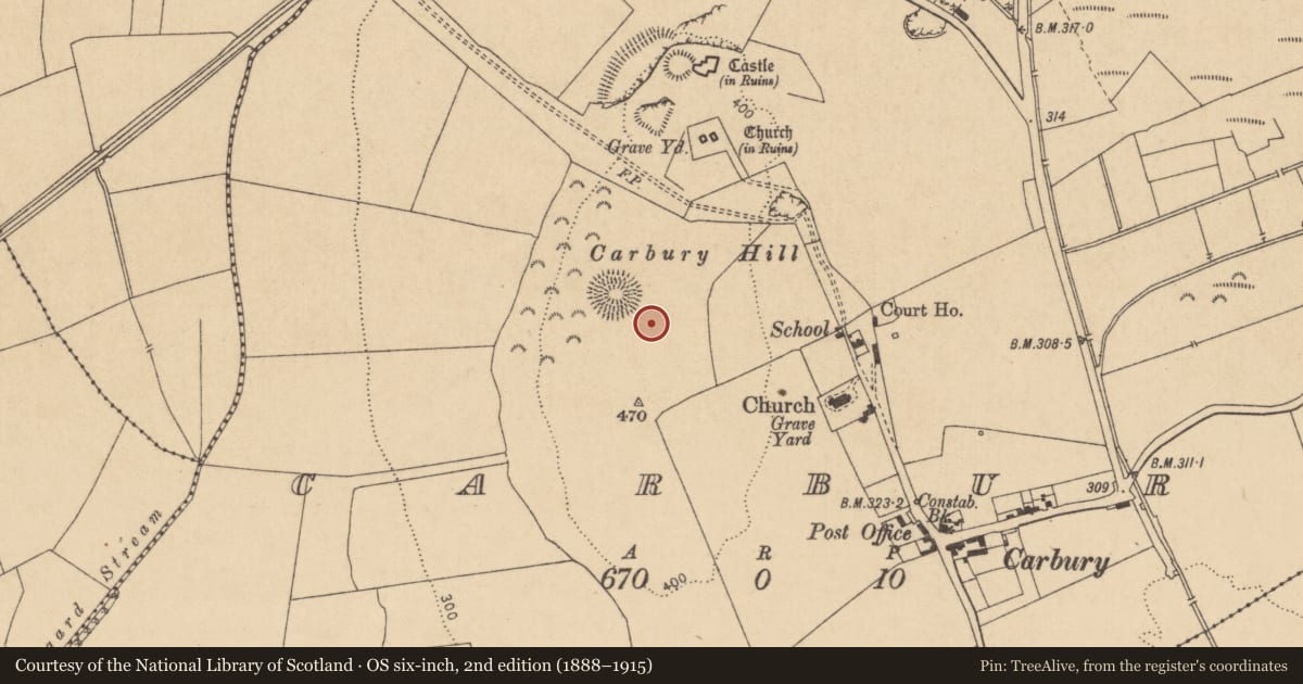 Ordnance Survey six-inch map, 2nd edition (1888–1915) covering the location of Barrow - ring-barrow, Carbury, County Kildare, with a pin at the register's coordinates