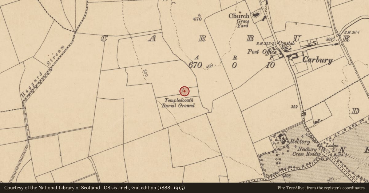 Ordnance Survey six-inch map, 2nd edition (1888–1915) covering the location of Church, Carbury, County Kildare, with a pin at the register's coordinates
