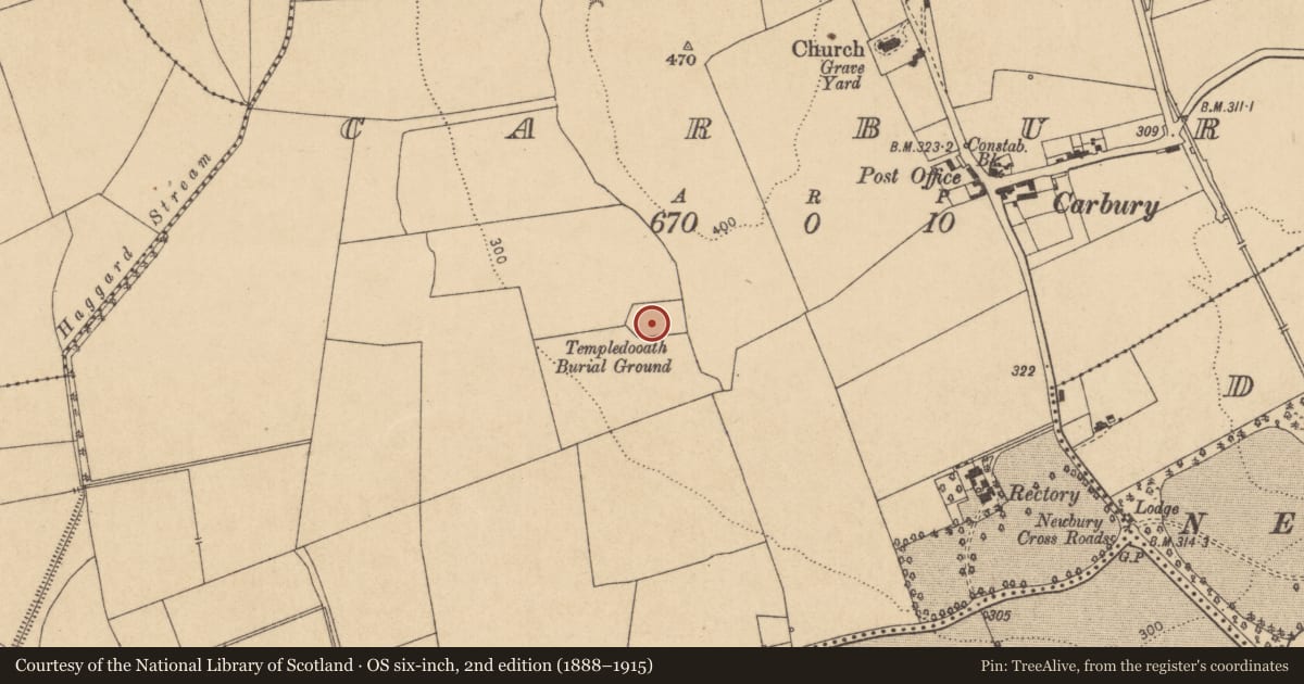 Ordnance Survey six-inch map, 2nd edition (1888–1915) covering the location of Graveyard, Carbury, County Kildare, with a pin at the register's coordinates