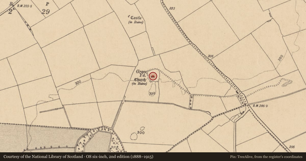 Ordnance Survey six-inch map, 2nd edition (1888–1915) covering the location of Church, Ardkill, County Kildare, with a pin at the register's coordinates
