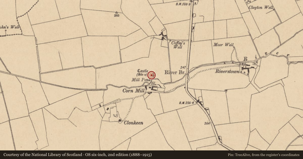 Ordnance Survey six-inch map, 2nd edition (1888–1915) covering the location of Bawn, Clonkeen, County Kildare, with a pin at the register's coordinates
