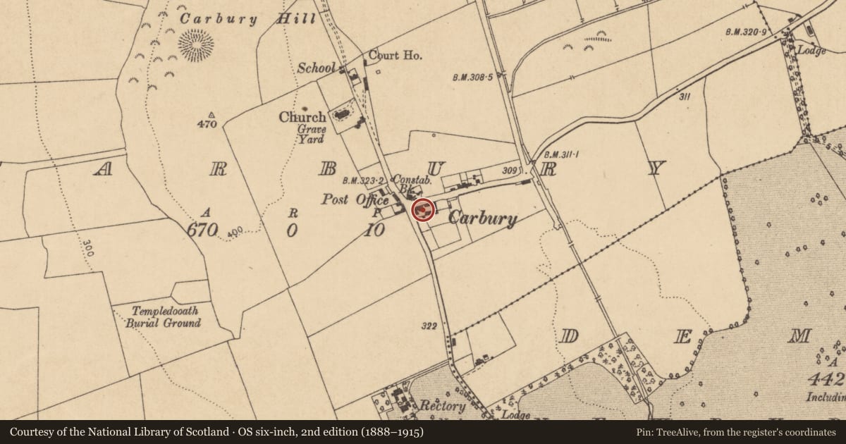 Ordnance Survey six-inch map, 2nd edition (1888–1915) covering the location of Armorial plaque (present location), Carbury, County Kildare, with a pin at the register's coordinates