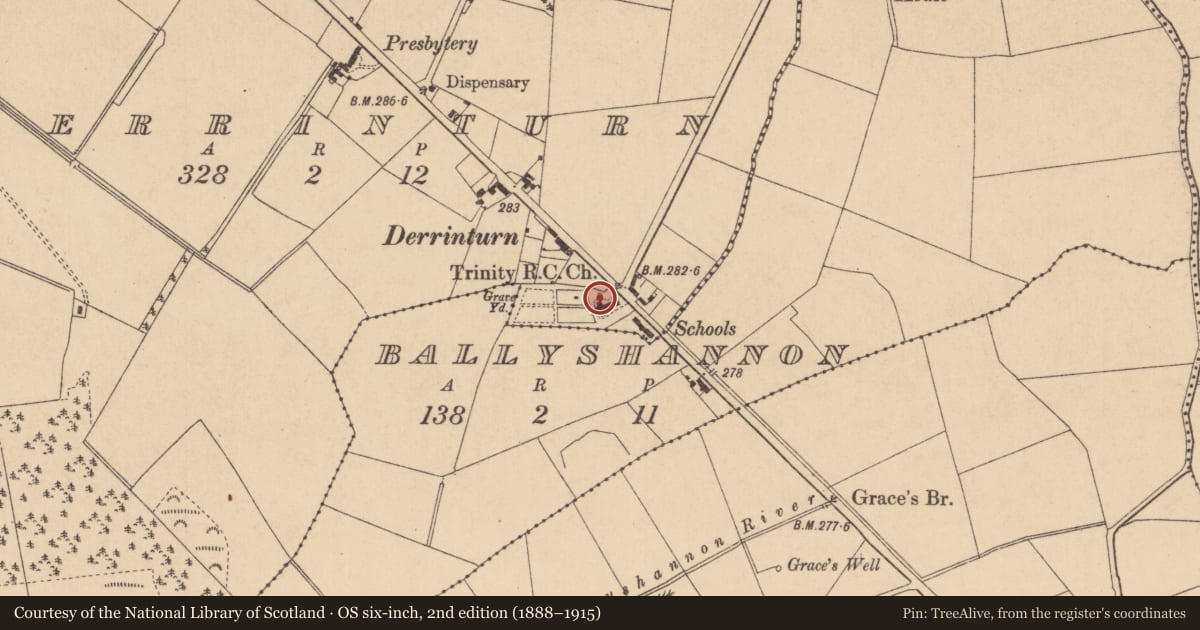 Ordnance Survey six-inch map, 2nd edition (1888–1915) covering the location of Ritual site - holy well, Derrinturn, County Kildare, with a pin at the register's coordinates