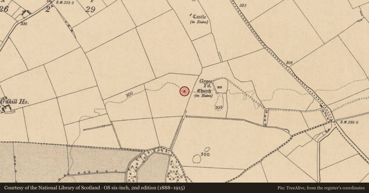 Ordnance Survey six-inch map, 2nd edition (1888–1915) covering the location of Barrow - ditch barrow, Ardkill, County Kildare, with a pin at the register's coordinates