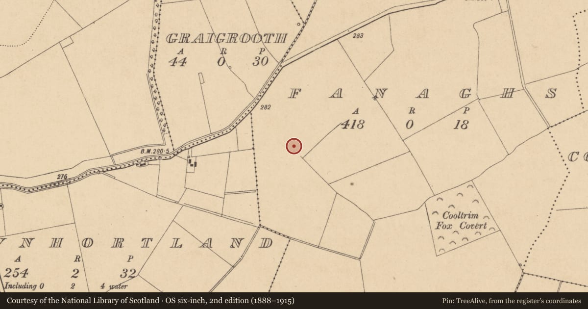 Ordnance Survey six-inch map, 2nd edition (1888–1915) covering the location of Ringfort - unclassified, Fanaghs, County Kildare, with a pin at the register's coordinates