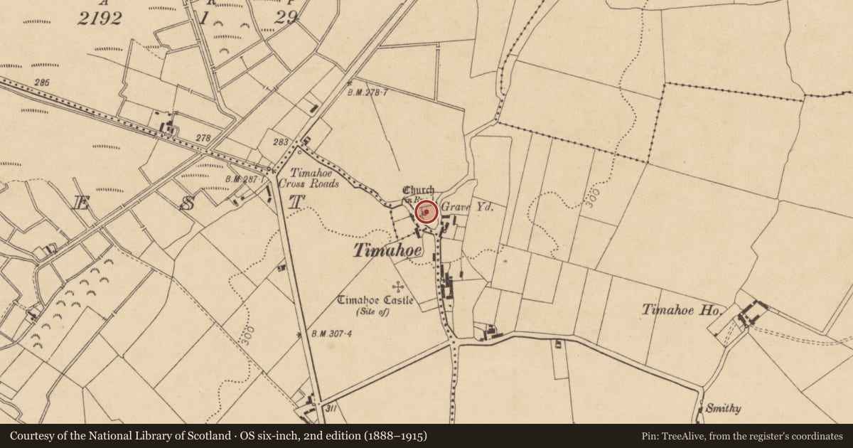 Ordnance Survey six-inch map, 2nd edition (1888–1915) covering the location of Church, Timahoe East, County Kildare, with a pin at the register's coordinates