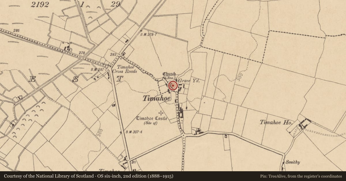 Ordnance Survey six-inch map, 2nd edition (1888–1915) covering the location of Graveyard, Timahoe East, County Kildare, with a pin at the register's coordinates