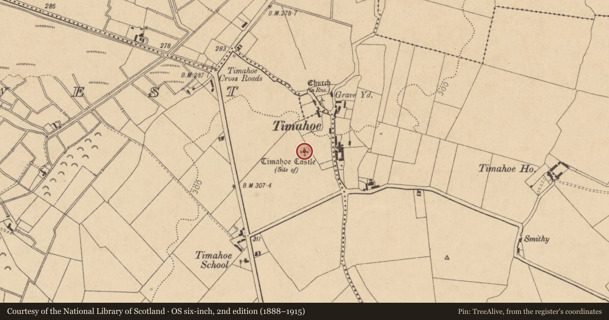 Ordnance Survey six-inch map, 2nd edition (1888–1915) covering the location of Castle - unclassified, Timahoe West, County Kildare, with a pin at the register's coordinates