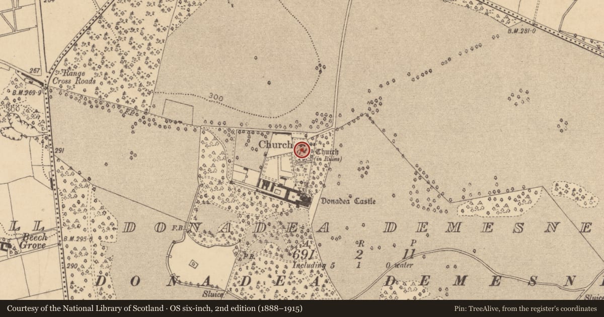 Ordnance Survey six-inch map, 2nd edition (1888–1915) covering the location of Church, Donadea Demesne, County Kildare, with a pin at the register's coordinates