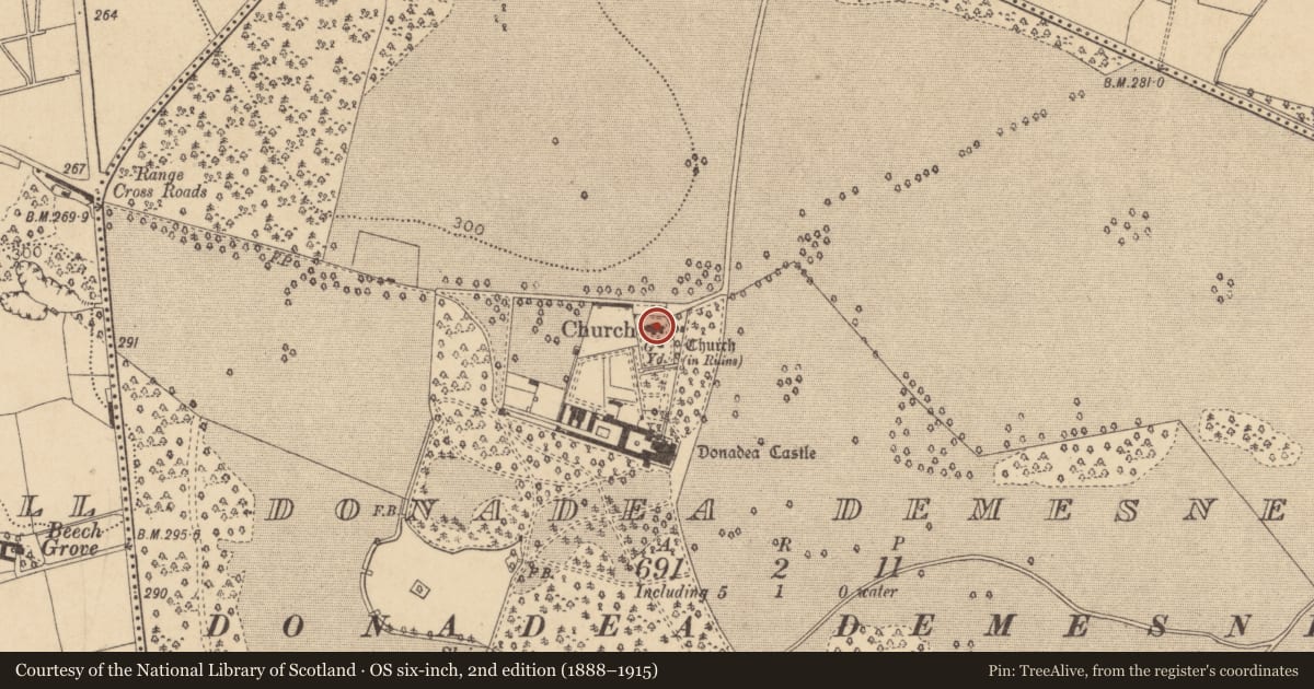 Ordnance Survey six-inch map, 2nd edition (1888–1915) covering the location of Tomb - effigial, Donadea Demesne, County Kildare, with a pin at the register's coordinates