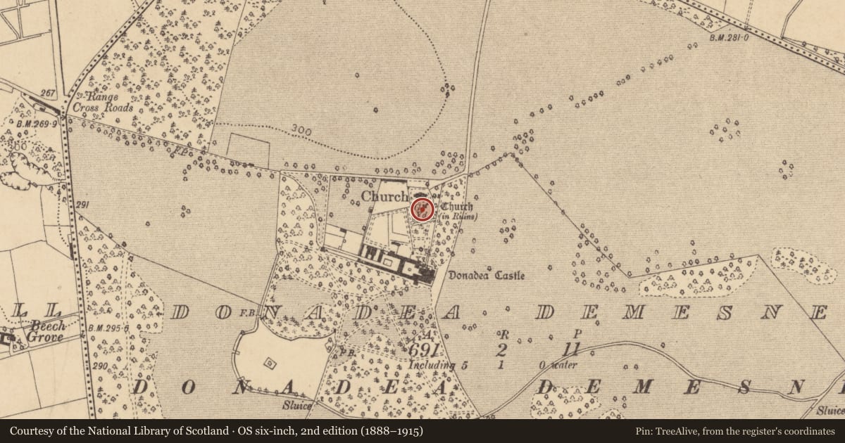 Ordnance Survey six-inch map, 2nd edition (1888–1915) covering the location of Graveyard, Donadea Demesne, County Kildare, with a pin at the register's coordinates