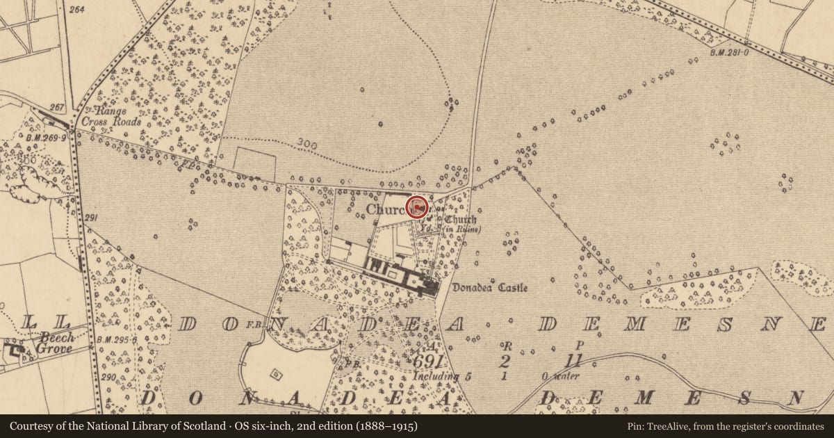 Ordnance Survey six-inch map, 2nd edition (1888–1915) covering the location of Font, Donadea Demesne, County Kildare, with a pin at the register's coordinates