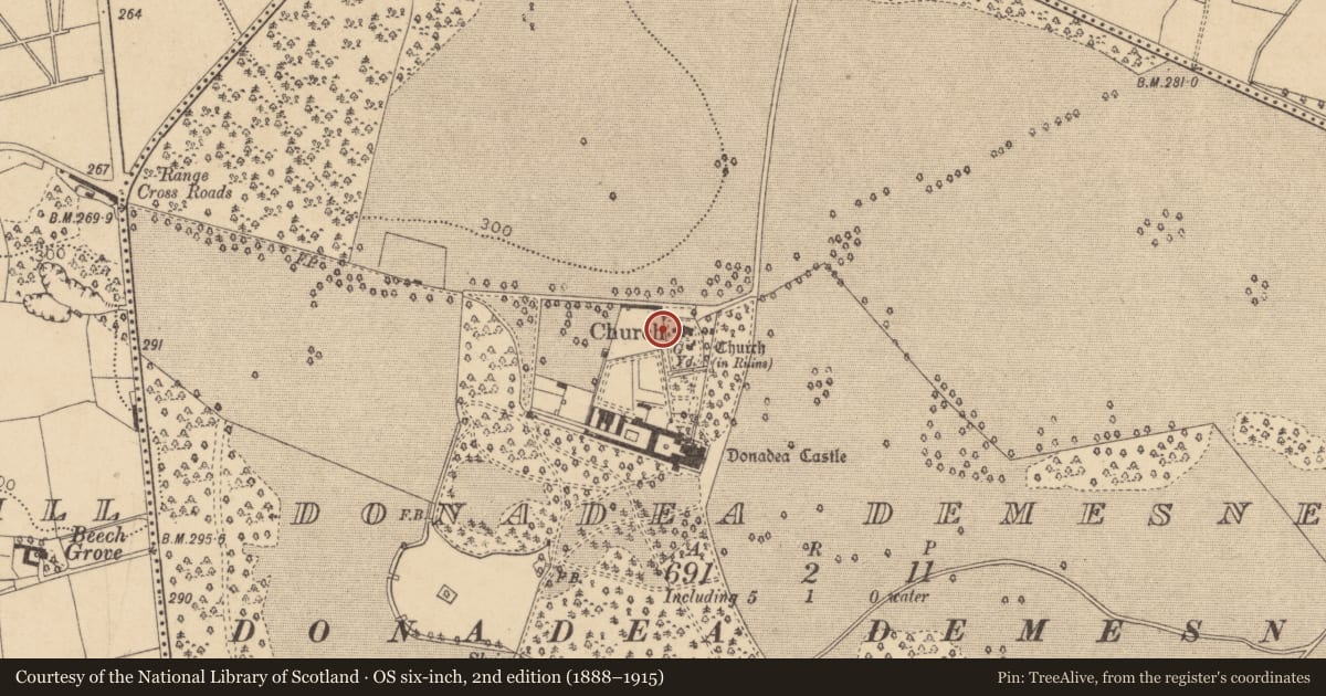 Ordnance Survey six-inch map, 2nd edition (1888–1915) covering the location of Font, Donadea Demesne, County Kildare, with a pin at the register's coordinates