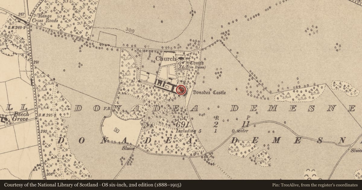 Ordnance Survey six-inch map, 2nd edition (1888–1915) covering the location of Castle - tower house, Donadea Demesne, County Kildare, with a pin at the register's coordinates