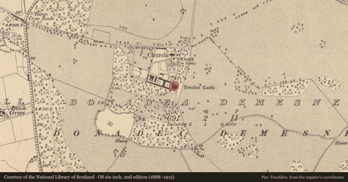 Ordnance Survey six-inch map, 2nd edition (1888–1915) covering the location of House - fortified house, Donadea Demesne, County Kildare, with a pin at the register's coordinates