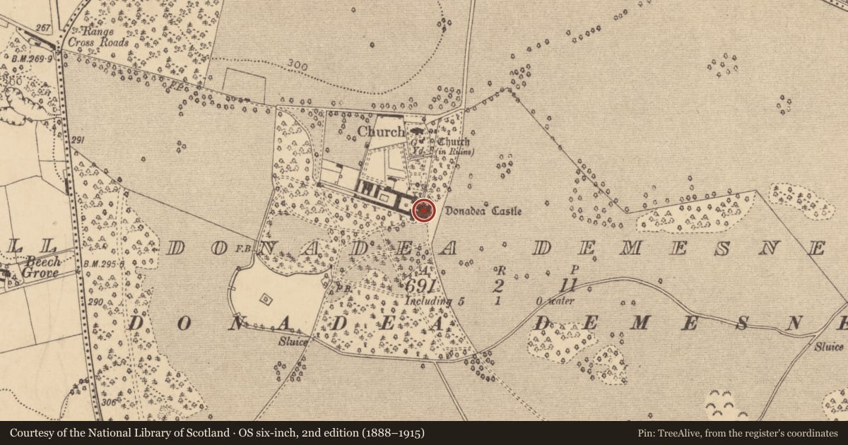 Ordnance Survey six-inch map, 2nd edition (1888–1915) covering the location of Armorial plaque, Donadea Demesne, County Kildare, with a pin at the register's coordinates