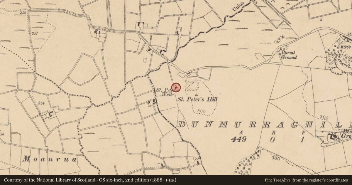 Ordnance Survey six-inch map, 2nd edition (1888–1915) covering the location of Ritual site - holy well, Dunmurraghill, County Kildare, with a pin at the register's coordinates