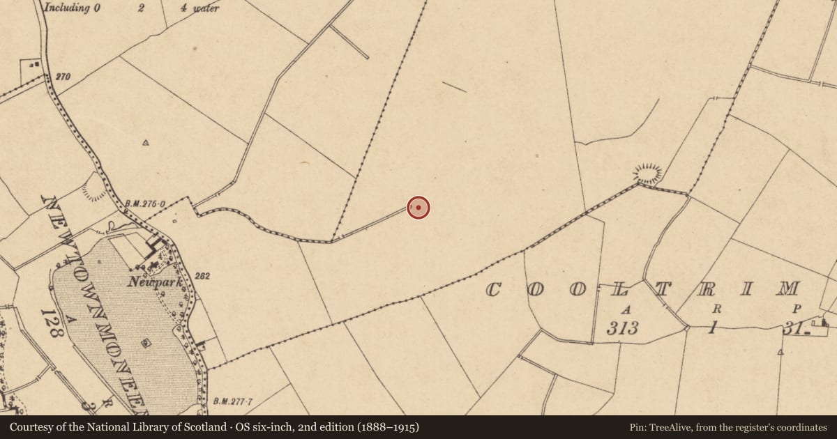 Ordnance Survey six-inch map, 2nd edition (1888–1915) covering the location of Moated site, Fanaghs, County Kildare, with a pin at the register's coordinates