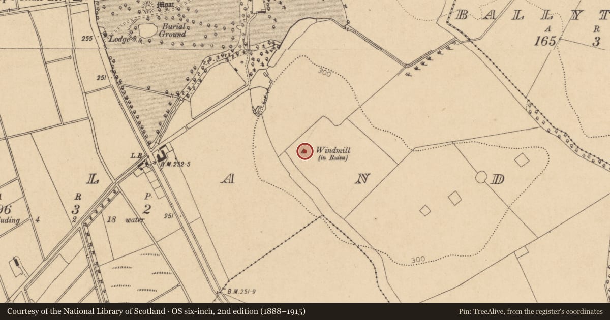 Ordnance Survey six-inch map, 2nd edition (1888–1915) covering the location of Windmill, Hortland, County Kildare, with a pin at the register's coordinates