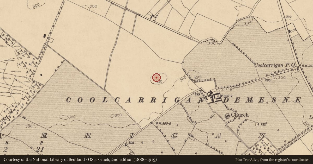 Ordnance Survey six-inch map, 2nd edition (1888–1915) covering the location of Enclosure, Coolcarrigan, County Kildare, with a pin at the register's coordinates