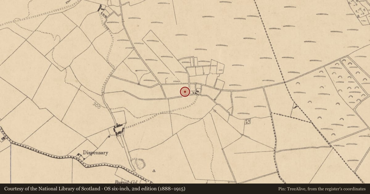 Ordnance Survey six-inch map, 2nd edition (1888–1915) covering the location of Fulacht fia, Timahoe East, County Kildare, with a pin at the register's coordinates