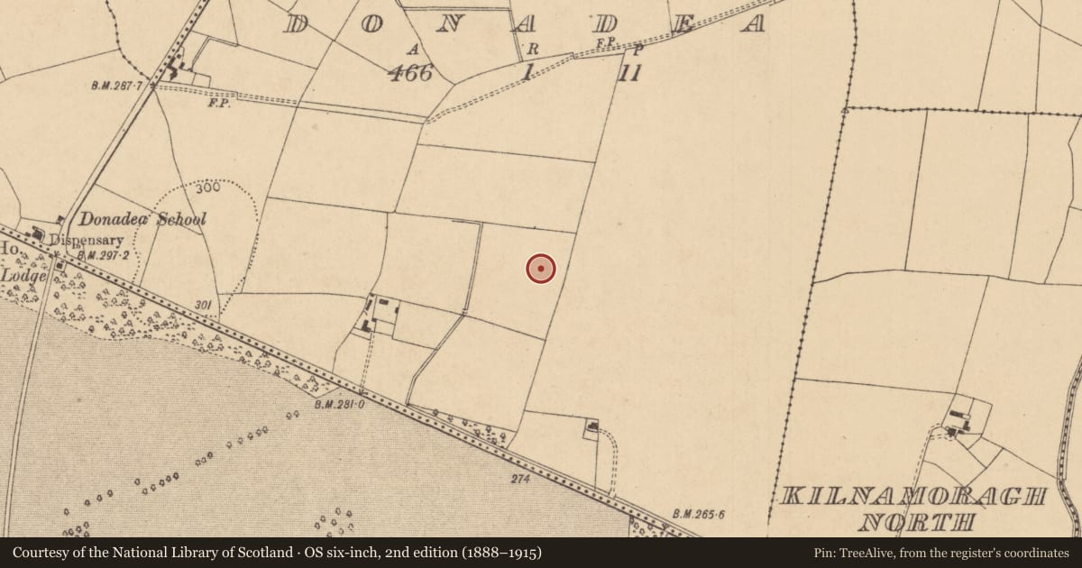 Ordnance Survey six-inch map, 2nd edition (1888–1915) covering the location of Barrow - ring-barrow, Donadea, County Kildare, with a pin at the register's coordinates