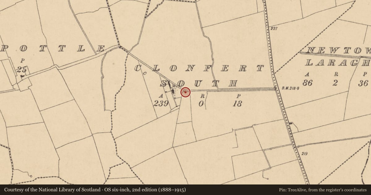 Ordnance Survey six-inch map, 2nd edition (1888–1915) covering the location of Settlement deserted - medieval, Clonfert North, County Kildare, with a pin at the register's coordinates
