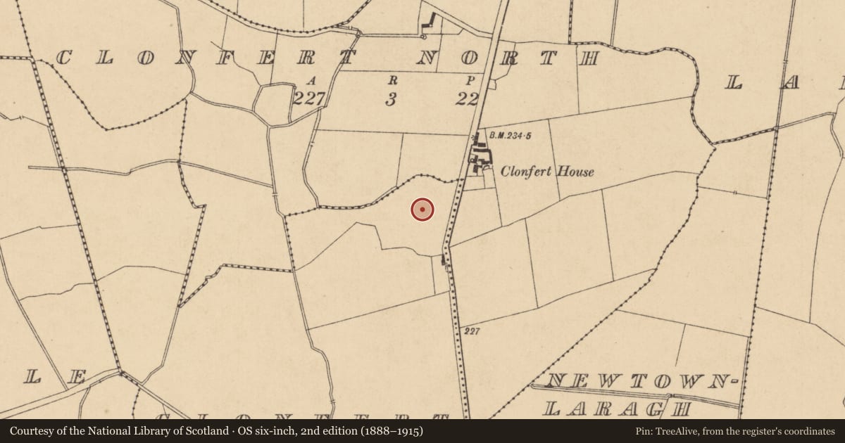 Ordnance Survey six-inch map, 2nd edition (1888–1915) covering the location of Enclosure, Clonfert South, County Kildare, with a pin at the register's coordinates