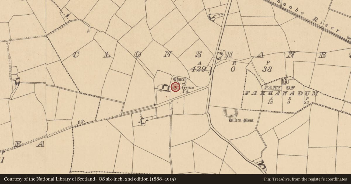 Ordnance Survey six-inch map, 2nd edition (1888–1915) covering the location of Church, Clonshanbo, County Kildare, with a pin at the register's coordinates