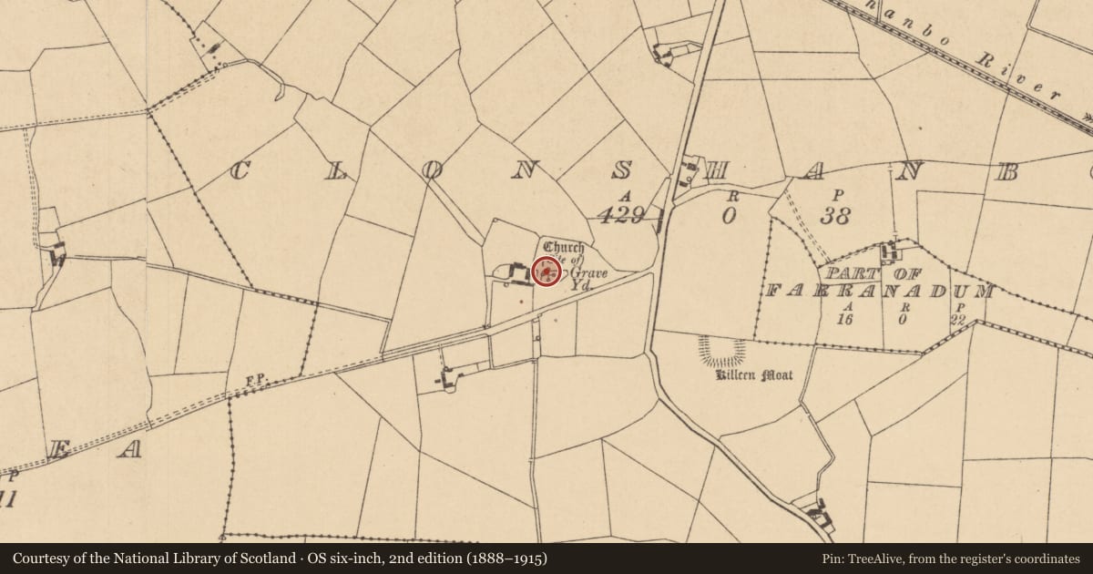 Ordnance Survey six-inch map, 2nd edition (1888–1915) covering the location of Graveyard, Clonshanbo, County Kildare, with a pin at the register's coordinates