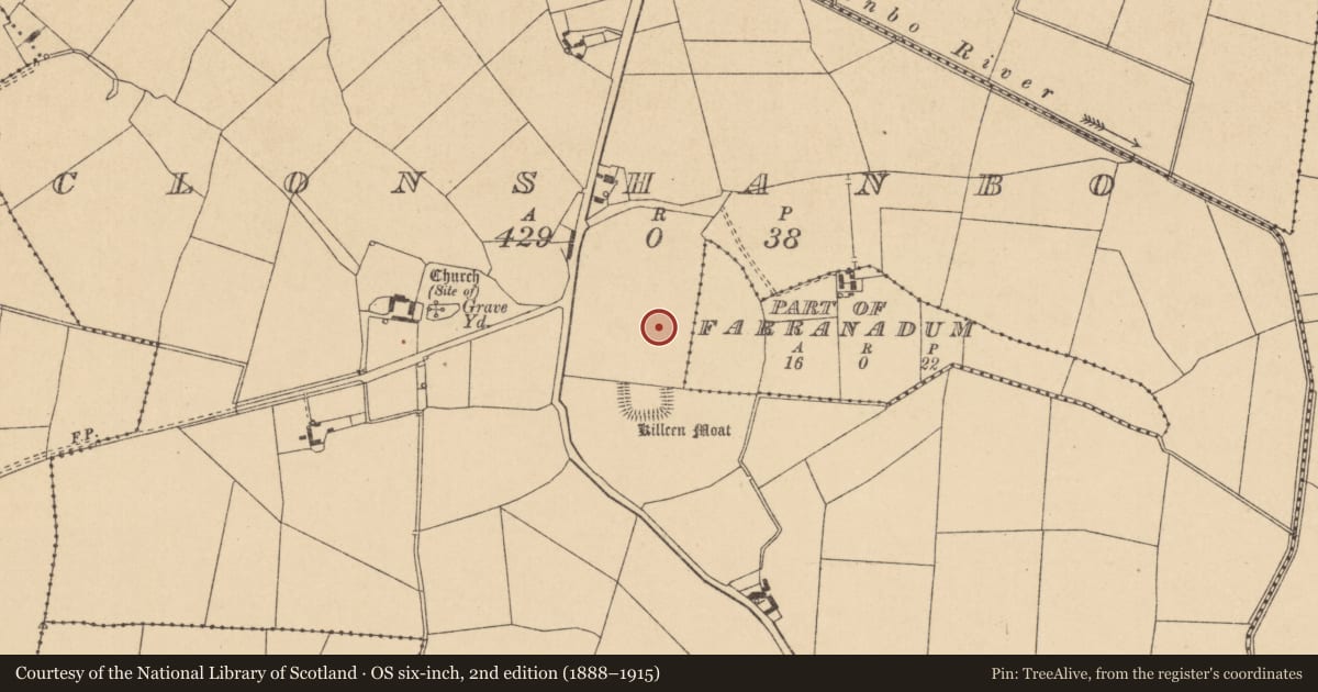 Ordnance Survey six-inch map, 2nd edition (1888–1915) covering the location of Ecclesiastical enclosure, Clonshanbo, Farranadum (Detached portion), County Kildare, with a pin at the register's coordinates