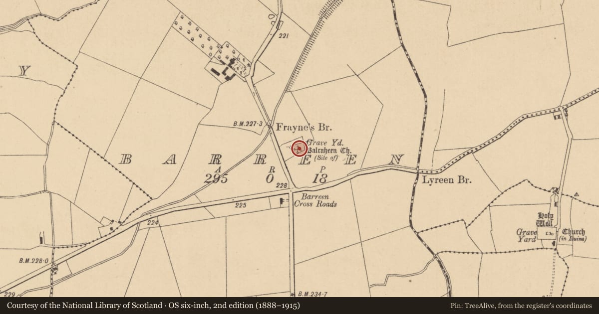 Ordnance Survey six-inch map, 2nd edition (1888–1915) covering the location of Church, Barreen, County Kildare, with a pin at the register's coordinates