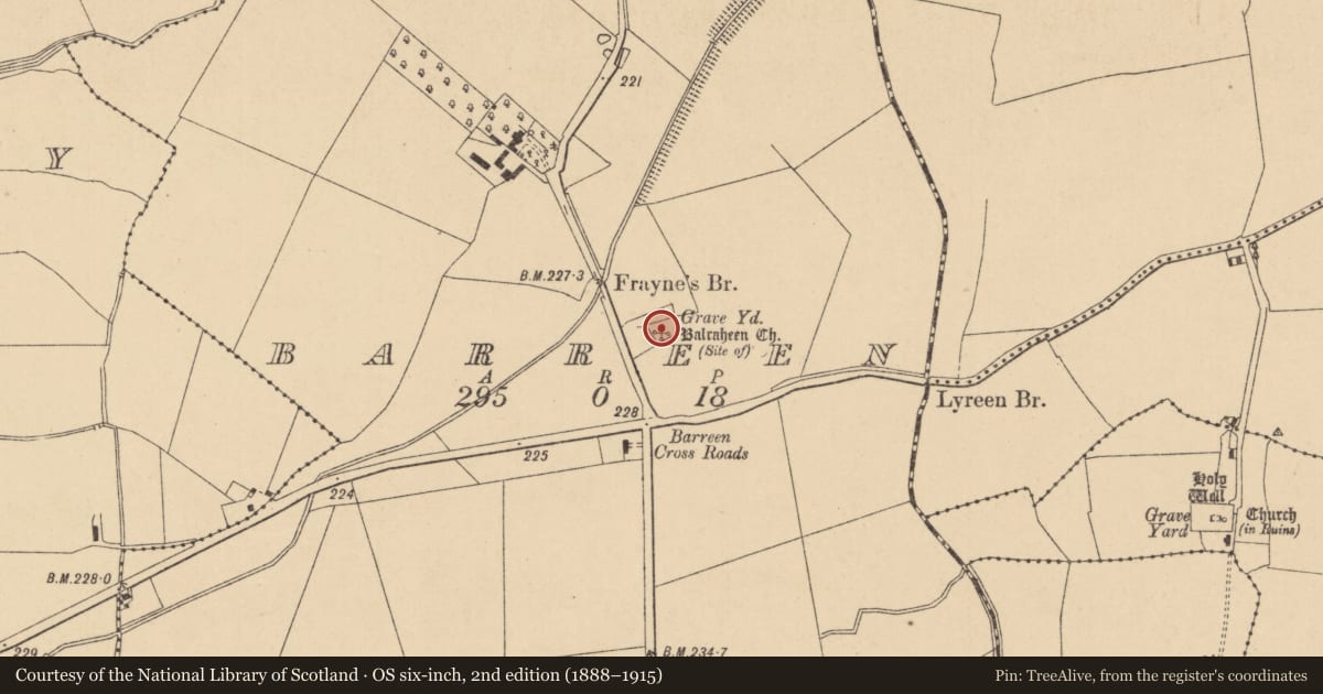 Ordnance Survey six-inch map, 2nd edition (1888–1915) covering the location of Graveyard, Barreen, County Kildare, with a pin at the register's coordinates