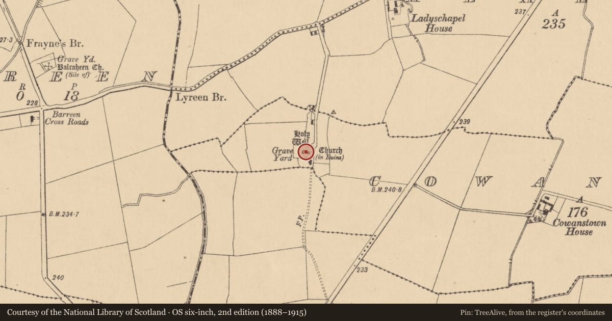 Ordnance Survey six-inch map, 2nd edition (1888–1915) covering the location of Church, Cowanstown, County Kildare, with a pin at the register's coordinates