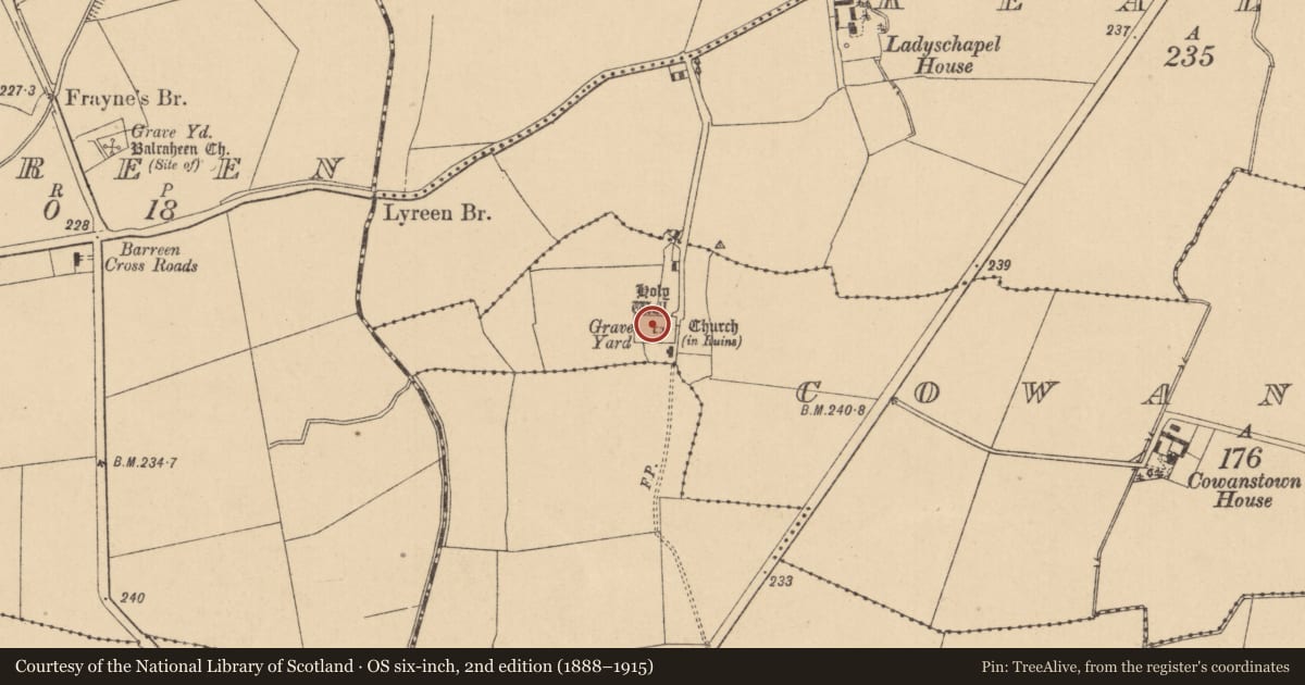 Ordnance Survey six-inch map, 2nd edition (1888–1915) covering the location of Graveyard, Cowanstown, County Kildare, with a pin at the register's coordinates