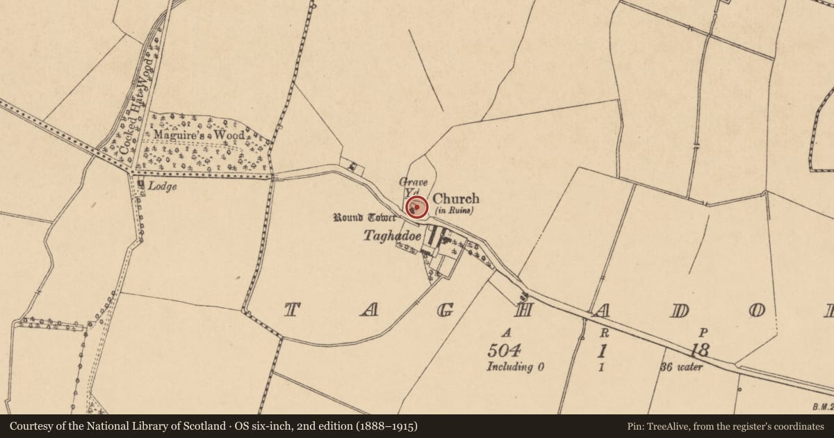 Ordnance Survey six-inch map, 2nd edition (1888–1915) covering the location of Chapel, Taghadoe, County Kildare, with a pin at the register's coordinates