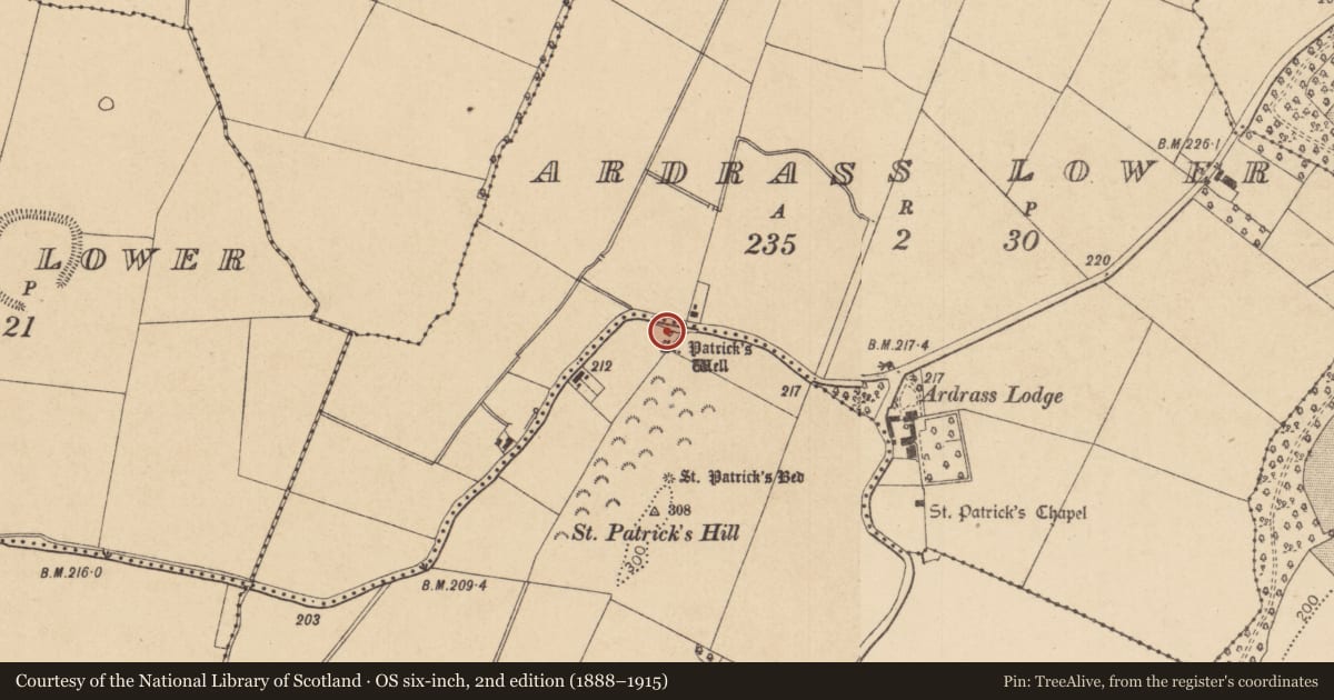 Ordnance Survey six-inch map, 2nd edition (1888–1915) covering the location of Ritual site - holy well, Ardrass Upper, County Kildare, with a pin at the register's coordinates