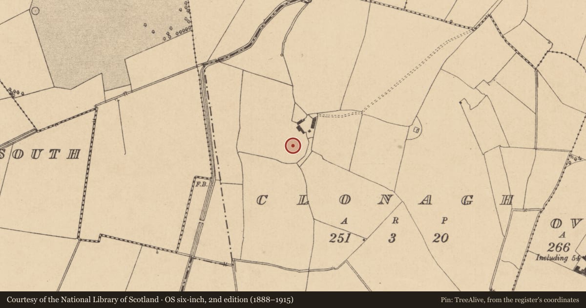 Ordnance Survey six-inch map, 2nd edition (1888–1915) covering the location of Enclosure, Clonagh, County Kildare, with a pin at the register's coordinates