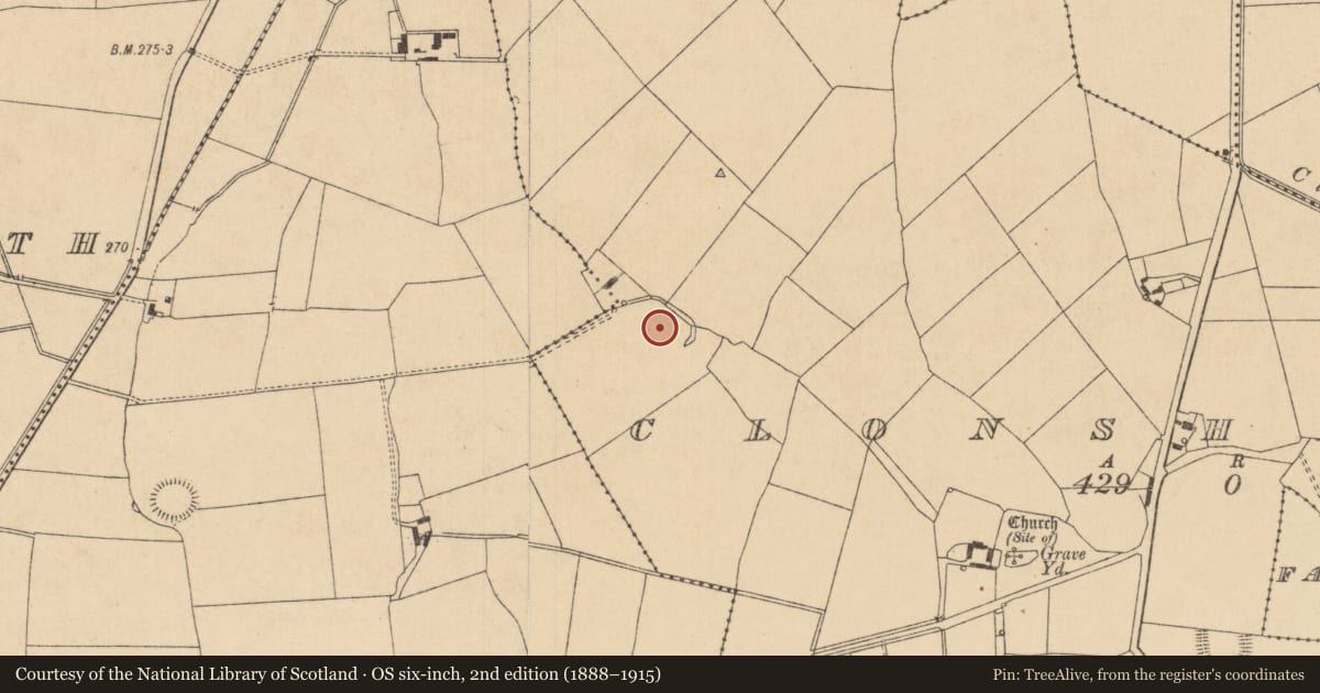 Ordnance Survey six-inch map, 2nd edition (1888–1915) covering the location of Enclosure - large enclosure, Clonshanbo, County Kildare, with a pin at the register's coordinates