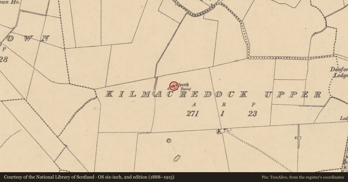 Ordnance Survey six-inch map, 2nd edition (1888–1915) covering the location of Church, Kilmacredock Upper, County Kildare, with a pin at the register's coordinates