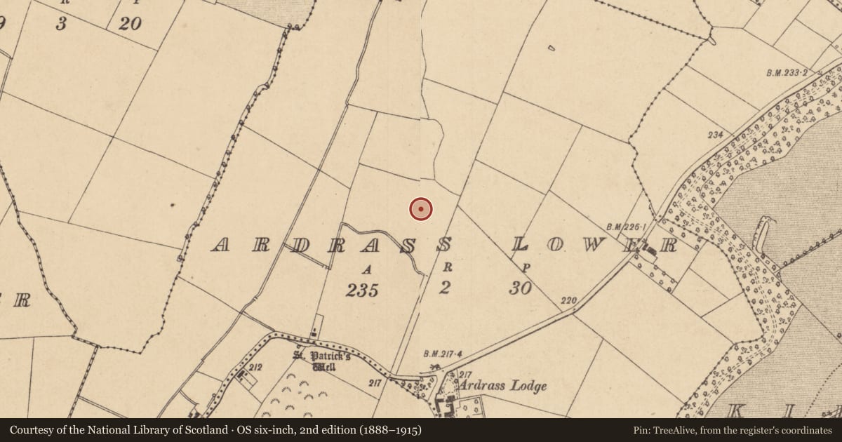 Ordnance Survey six-inch map, 2nd edition (1888–1915) covering the location of Ringfort - unclassified, Ardrass Lower, County Kildare, with a pin at the register's coordinates