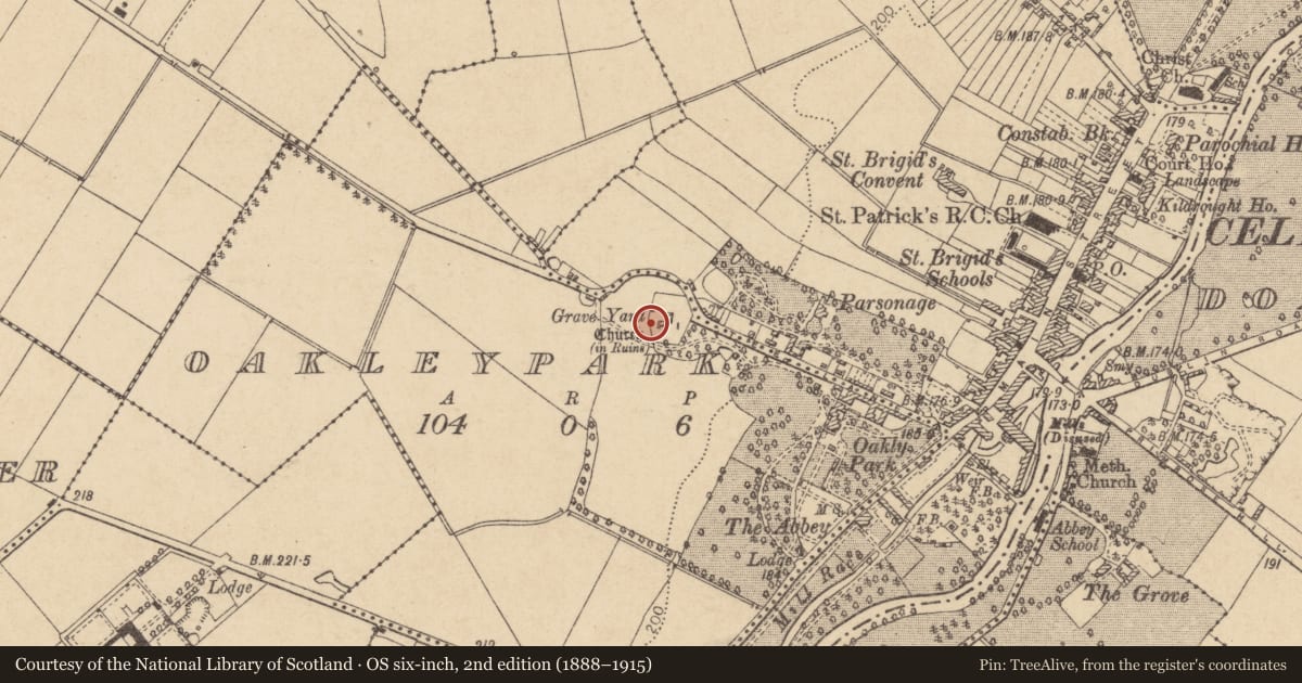 Ordnance Survey six-inch map, 2nd edition (1888–1915) covering the location of Ecclesiastical enclosure, Oakleypark, County Kildare, with a pin at the register's coordinates