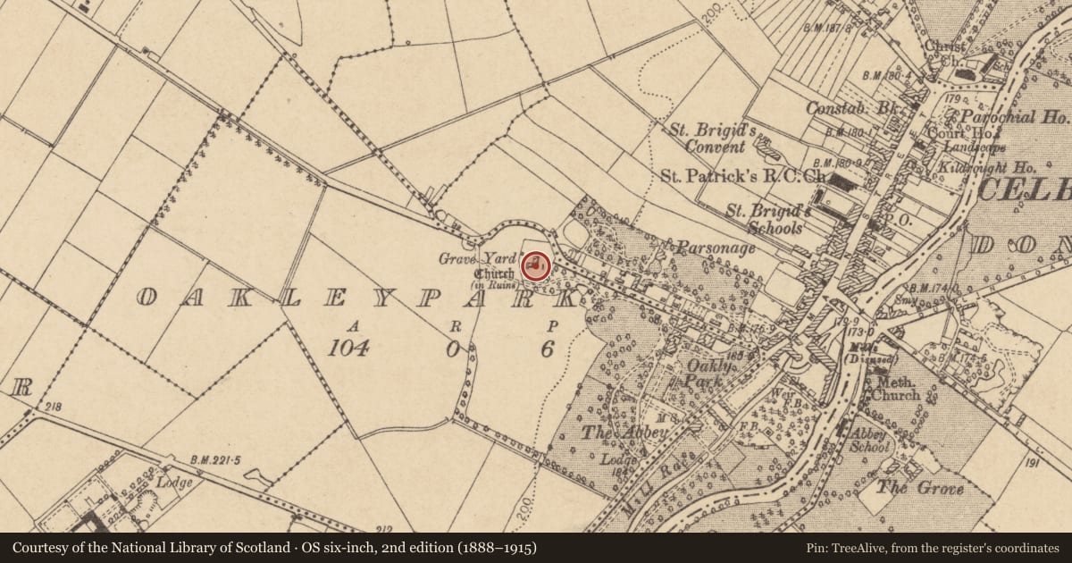 Ordnance Survey six-inch map, 2nd edition (1888–1915) covering the location of Church, Oakleypark, County Kildare, with a pin at the register's coordinates
