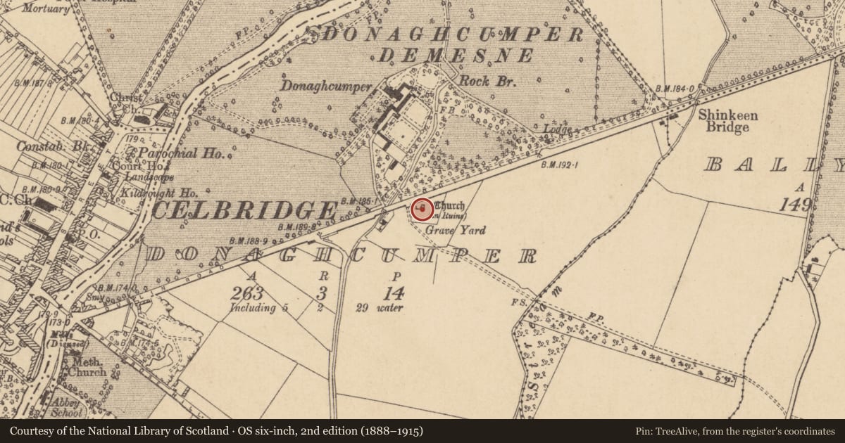 Ordnance Survey six-inch map, 2nd edition (1888–1915) covering the location of Church, Donaghcumper, County Kildare, with a pin at the register's coordinates