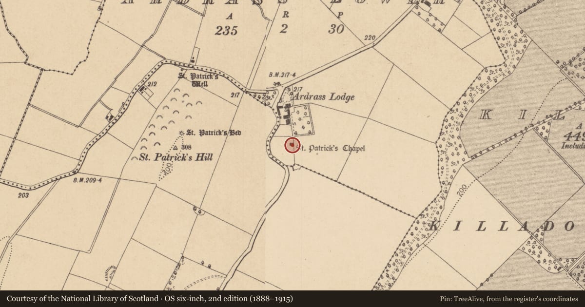Ordnance Survey six-inch map, 2nd edition (1888–1915) covering the location of Ecclesiastical site, Ardrass Lower, County Kildare, with a pin at the register's coordinates