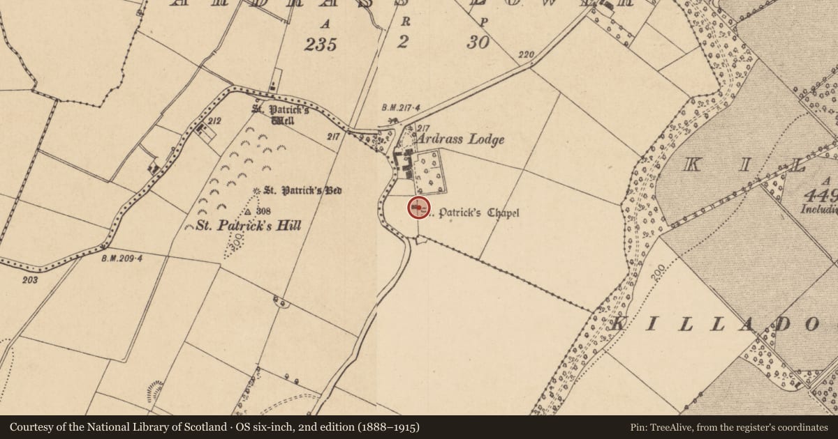 Ordnance Survey six-inch map, 2nd edition (1888–1915) covering the location of Church, Ardrass Lower, County Kildare, with a pin at the register's coordinates