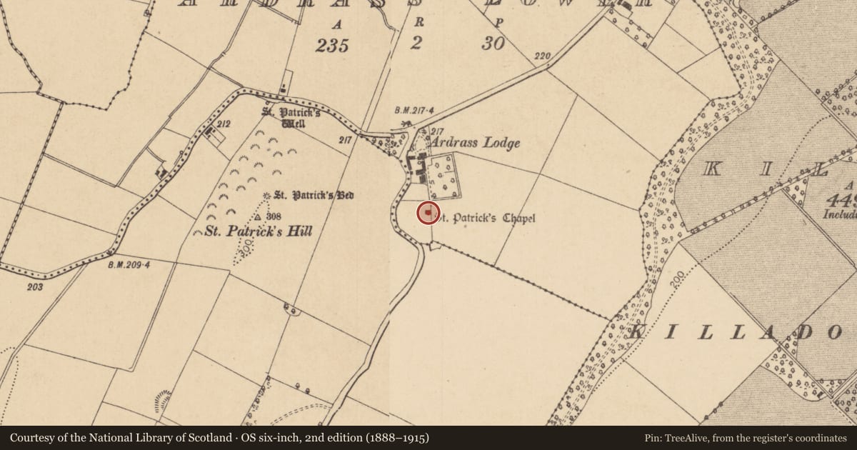 Ordnance Survey six-inch map, 2nd edition (1888–1915) covering the location of Graveyard, Ardrass Lower, County Kildare, with a pin at the register's coordinates