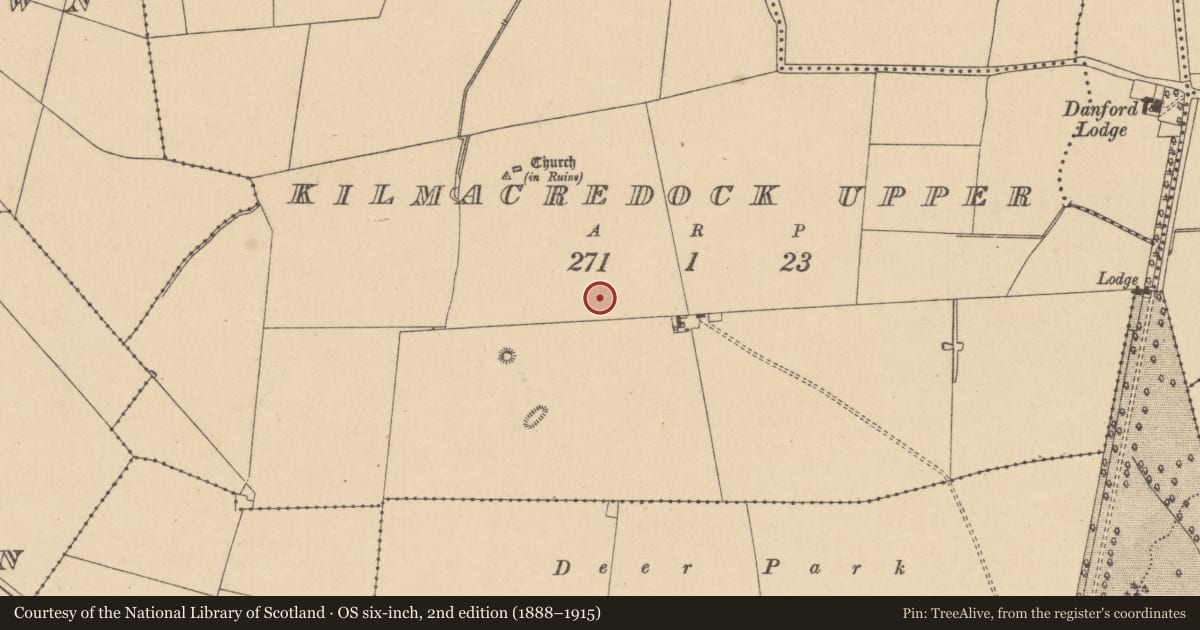 Ordnance Survey six-inch map, 2nd edition (1888–1915) covering the location of Field system, Kilmacredock Upper, County Kildare, with a pin at the register's coordinates