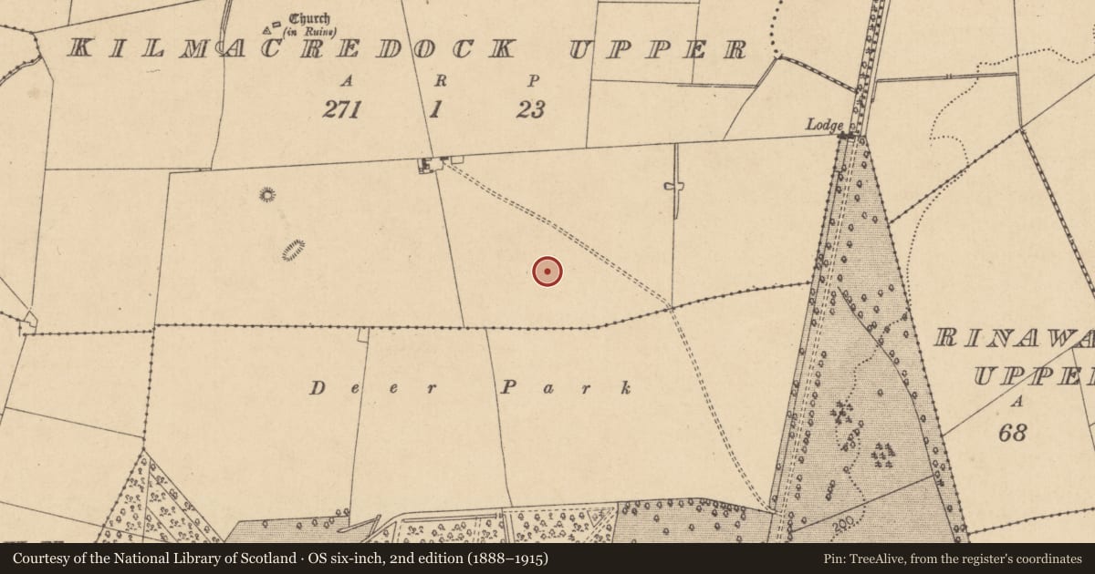Ordnance Survey six-inch map, 2nd edition (1888–1915) covering the location of Habitation site, Kilmacredock Upper, County Kildare, with a pin at the register's coordinates