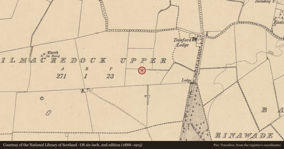 Ordnance Survey six-inch map, 2nd edition (1888–1915) covering the location of Fulacht fia, Kilmacredock Upper, County Kildare, with a pin at the register's coordinates